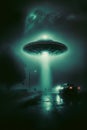 Ufo landing, mysterious lights and alien reveal in the dark night, generative ai Royalty Free Stock Photo