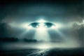 Ufo landing, mysterious lights and alien reveal in the dark night, generative ai Royalty Free Stock Photo