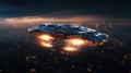 UFO ?lose up with radiant lights hovering over city under night sky. Futuristic alien spaceship. Perfect for projects Royalty Free Stock Photo