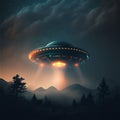 Ufo, mysterious object hover in the sky, their metallic surface reflecting the sunlight. Unidentified flying object. Royalty Free Stock Photo