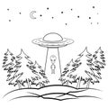 UFO. Outline flying spaceship with alien. UFO in night sky inside black forest in outline style. Flying saucer. Alien space ship, Royalty Free Stock Photo