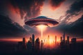 ufo over the city made with.generative ai Royalty Free Stock Photo