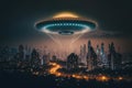 UFO over a city in the night made with generative AI. Royalty Free Stock Photo