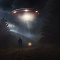 UFO over a man in the forest. A spaceship hovered in the night sky to kidnap a young man. A flying saucer in the sky and