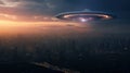 UFO with radiant lights hovering over city under night sky. Futuristic alien spaceship. Copy space. Perfect for projects Royalty Free Stock Photo