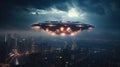 UFO with radiant lights hovering over city under night sky. Futuristic alien spaceship. Copy space. Ideal for projects Royalty Free Stock Photo