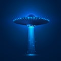 UFO with ray of light fly in night sky. alien invasion. Sci-fi concept. Vector illustration Royalty Free Stock Photo