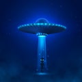 UFO with ray of light fly in night sky. alien landing or invasion. Alien with big green eyes standing in fog. Sci-fi concept. Royalty Free Stock Photo