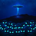 UFO with ray of light fly in night sky and group angry aliens with green eyes. alien invasion. Sci-fi concept. Vector illustration Royalty Free Stock Photo