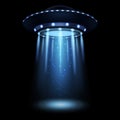 UFO. Realistic alien spaceship with light beam. Futuristic Sci-fi unidentified spacecraft. 3D flying saucer and abduction