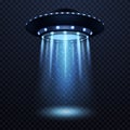 UFO. Realistic alien spaceship with blue light beam, futuristic sci fi unidentified spacecraft isolated 3d vector