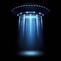 UFO. Realistic alien spaceship with light beam. Futuristic Sci-fi unidentified spacecraft. 3D flying saucer and