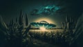 UFO saucer hovering over corn field at starry night, neural network generated art Royalty Free Stock Photo