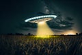 UFO saucer hovering over corn field at starry night with wide beam of light underneath, neural network generated art Royalty Free Stock Photo