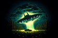 UFO saucer hovering over corn field at starry night with wide beam of light underneath, neural network generated art Royalty Free Stock Photo