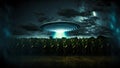 UFO saucer hovering over corn field at starry night with wide beam of light underneath, neural network generated art Royalty Free Stock Photo