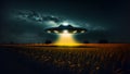 UFO saucer hovering over corn field at starry night with wide beam of light underneath, neural network generated art Royalty Free Stock Photo