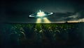 UFO saucer hovering over corn field at starry night with wide beam of light underneath, neural network generated art Royalty Free Stock Photo