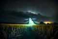 UFO saucer hovering over corn field at starry night with wide beam of light underneath, neural network generated art Royalty Free Stock Photo