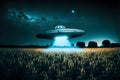 UFO saucer hovering over corn field at starry night with wide beam of light underneath, neural network generated art Royalty Free Stock Photo