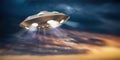 UFO alien flying saucer on colorful sky at sunset sunrise background. 3d illustration