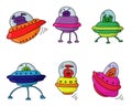 UFO set with alien in doodle style, cute aliens in spaceships