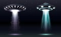UFO set. Realistic alien spaceships with light beams. Futuristic Sci-fi unidentified spacecraft