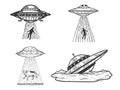 UFO set sketch engraving vector Royalty Free Stock Photo