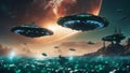 ufo in the sky A sci-fi battle scene where two space ships hover over a green ocean that has acid bubbles. Royalty Free Stock Photo