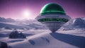 ufo in the snow _A space craft soars over an exotic planet that has ice, snow, and crystals. The craft is a white Royalty Free Stock Photo