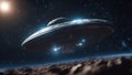 ufo in space Alien spaceship in the Universe, spacecraft flying in deep space with stars in the background, Royalty Free Stock Photo