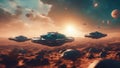 ufo in space Futuristic sci Fi battle space ships hover over an alien planet, Royalty Free Stock Photo