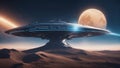 ufo in space _A sleek and futuristic spaceship flies over a barren planet, leaving behind a trail of blue light. Royalty Free Stock Photo