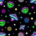 UFO spacecraft and alien on black background seamless pattern