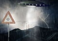 Ufo, spaceship light and alien invasion on mountain for mission, science fiction and fantasy in sky. Spacecraft, nature