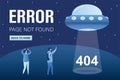 Ufo spaceship with lights. Message 404 error page not found. First contact,tiny people and aliens rocket in trendy blue colors