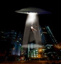 UFO spaceship, person and abduction in street, city and tractor beam for abduction, search and light. UAP ship, flying