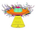 UFO spaceship. Unidentified flying object with light beam, flowers and hippie peace symbol. Peace, love sign. Design concept for t