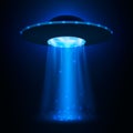 UFO spaceship. Unidentified flying object with light beam. Vector illustration Royalty Free Stock Photo