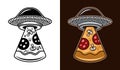 Ufo stealing pizza slice vector illustration in two styles black on white and colored on dark background