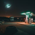 A UFO or UAP flying in the night sky above a gas station in the desert - generative ai Royalty Free Stock Photo