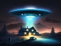 UFO unidentified flying object with light beam above house in night sky, alien abduction Royalty Free Stock Photo