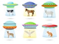 Ufo vector alien spaceship or spacecraft and spacy ship with animal character cat or pig illustration set of spaced