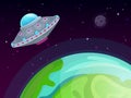 UFO vector concept. Spaceship travel, sci-fi in night sky Royalty Free Stock Photo