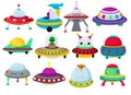 Ufo vector spaceship rocketship and spacy rocket illustration set of spaced ship or spacecraft flying in universe space