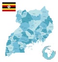 Uganda administrative blue-green map with country flag and location on a globe