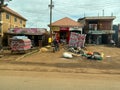 Typical roadside market scene, with a stall selling mattresses in a rural village