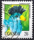 UGANDA - CIRCA 1992: post stamp 50 Ugandan shillings printed by Republic of Uganda, shows Great blue turaco wild exotic