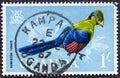 Uganda - circa 1965 : A stamp issued in Uganda shows Ruwenzori Turaco Ruwenzorornis johnstoni , circa 1965. Royalty Free Stock Photo