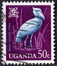 UGANDA - CIRCA 1965: Ugandan used postage stamp depicting Whale-headed stork, from the birds series, circa 1965